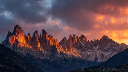 A panoramic shot of a mountain range with a vibrant orange sunrise, highlighting jagged peaks and golden skiesの素材