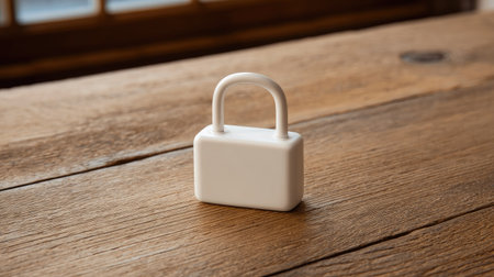 A simple, clean lock pad placed on a wooden desk with no key, symbolizing privacy and protectionの素材