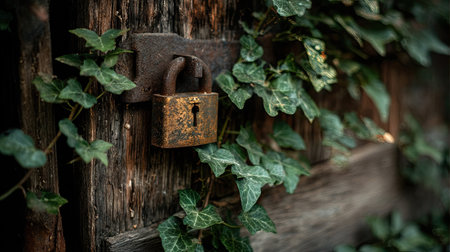 A padlock on a wooden storage shed, framed by ivy and greenery, showcasing nature combined with securityの素材