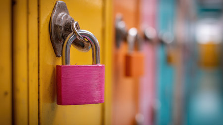 A single, brightly-colored padlock locked onto a locker door with a blurred background, highlighting personal belongings securityの素材