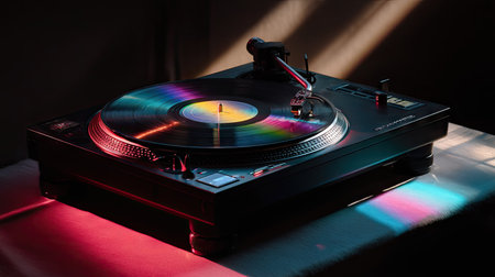 Abstract overhead photo of a black turntable setup with shadows and colored gels for a creative flat lay effectの素材