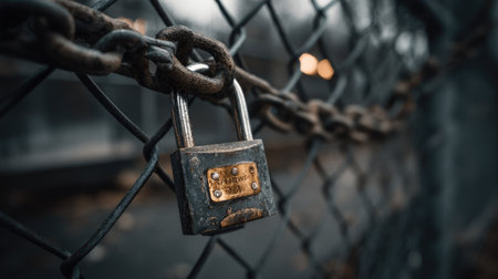 A high-security padlock with a unique design locked onto a steel fence, against a dark, dramatic backgroundの素材