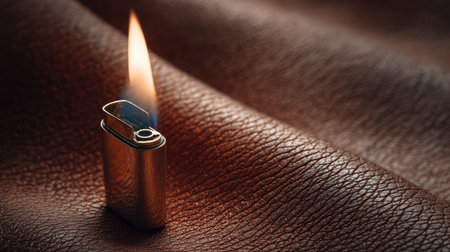 Warm-toned studio shot of a lighter ignited on a leather surface, close-up of the flame tipの素材