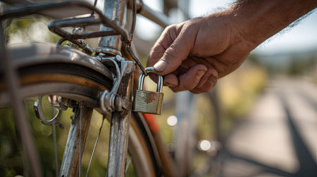 A hand unlocking a padlock on a bicycle in a bright, outdoor setting, suggesting freedom and securityの素材