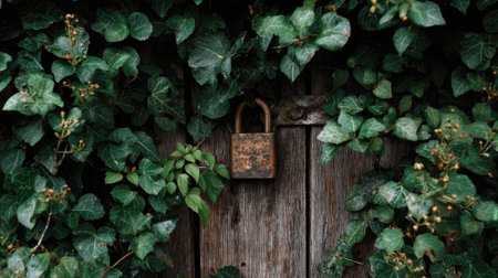 A padlock on a wooden storage shed, framed by ivy and greenery, showcasing nature combined with securityの素材