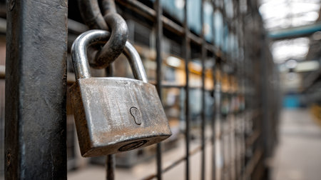 A large, sturdy steel padlock securing a metal gate in an industrial setting with a focus on strength and reliabilityの素材