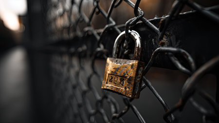 A high-security padlock with a unique design locked onto a steel fence, against a dark, dramatic backgroundの素材