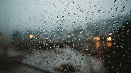 Wet window glass with dense dew drops and blurred raindrops flowing down the surfaceの素材