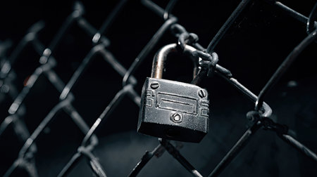 A high-security padlock with a unique design locked onto a steel fence, against a dark, dramatic backgroundの素材