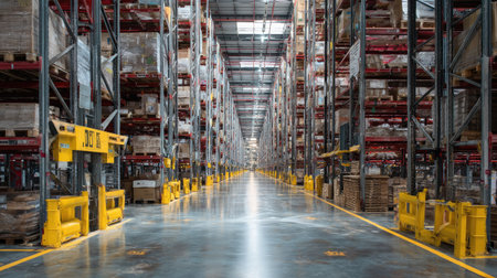 View down a warehouse aisle with tall shelving and clear paths for logistics operationsの素材