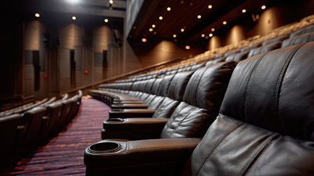 Movie theater interior with multiple rows of comfortable reclining seats, unoccupied and cleanの素材