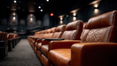 Movie theater interior with multiple rows of comfortable reclining seats, unoccupied and cleanの素材