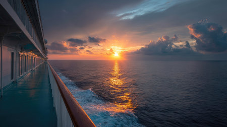 Ocean horizon captured from the deck of a cruise ship, with the sun starting to set behind the shipの素材