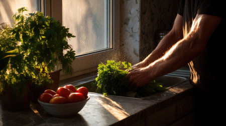 Morning kitchen light illuminating a man washing vegetables in the sink, fresh parsley and tomatoes in viewの素材