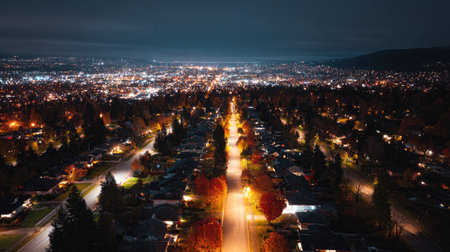 Panoramic nighttime aerial view of an urban city, with rows of streetlights lighting up the streets, creating a beautiful contrast with dark surroundingsの素材