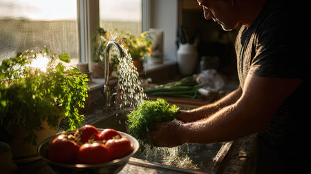 Morning kitchen light illuminating a man washing vegetables in the sink, fresh parsley and tomatoes in viewの素材