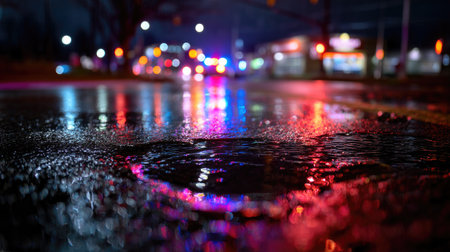 Nighttime accident scene with flashing blue and red lights reflecting off wet pavementの素材