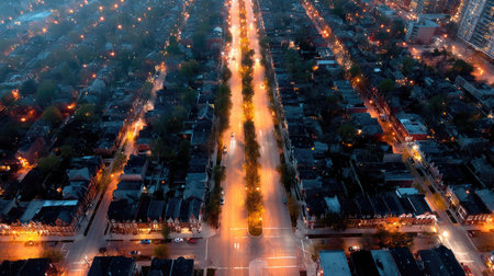 Overhead view of a city's illuminated streets at night, with bright lights highlighting the urban layout and the twinkling glow of city buildingsの素材