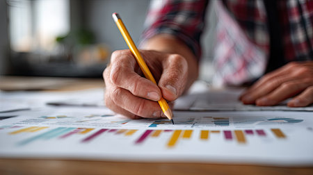 Over-the-shoulder view of a working man using a pencil to annotate graphs and charts on paperの素材