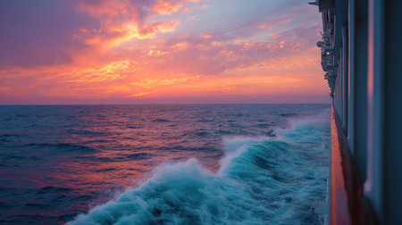 Ocean waves gently crashing against the side of a cruise ship, with a stunning sunset painting the sky in vibrant huesの素材