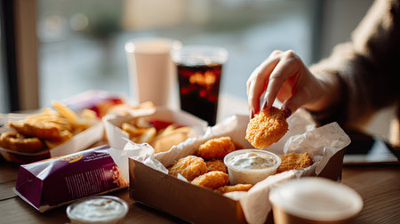 Woman dipping a chicken nugget into creamy ranch sauce, surrounded by fast food packaging and a sodaの素材