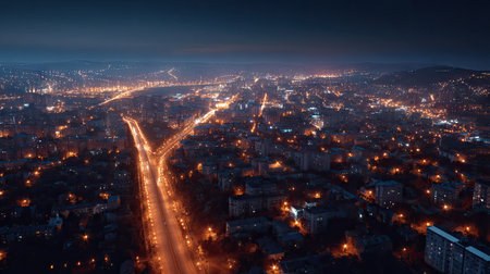Panoramic nighttime aerial view of an urban city, with rows of streetlights lighting up the streets, creating a beautiful contrast with dark surroundingsの素材