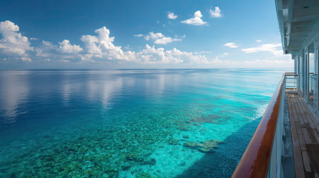 Oceanic view from a cruise ship's deck, showcasing crystal-clear water and the peaceful expanse of the seaの素材