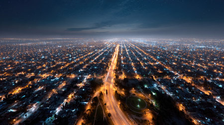 Nighttime aerial view of a metropolitan city, with endless rows of streetlights and brightly lit roads, showing the city in full motion under the starsの素材