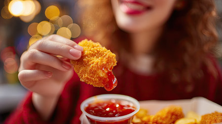 Woman enjoying a quick snack, dipping a chicken nugget into her favorite dipping sauce in a fast food settingの素材