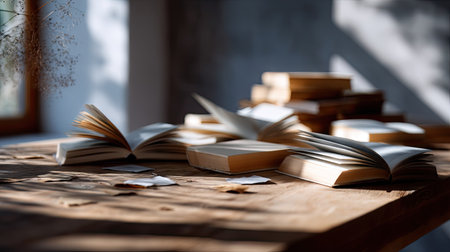 Open and closed books scattered across a wooden table in a quiet library, with soft shadows and ambient lightingの素材