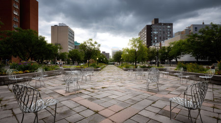Outdoor plaza with dozens of empty metal chairs in geometric formation, under an overcast skyの素材