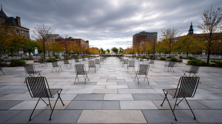 Outdoor plaza with dozens of empty metal chairs in geometric formation, under an overcast skyの素材