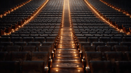 Overhead angle showing vacant plush movie chairs, aisle lights creating patterns between rowsの素材