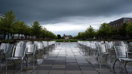 Outdoor plaza with dozens of empty metal chairs in geometric formation, under an overcast skyの素材