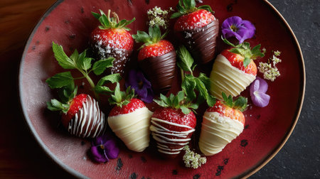 Overhead shot of strawberries dipped in dark and white chocolate, laid out on a plate with decorative garnishesの素材