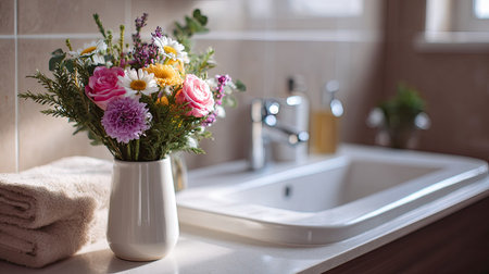 A beautiful vase filled with fresh flowers, placed near a sleek bathroom sink, with the floral arrangement adding vibrancy to the minimalist bathroom dcorの素材