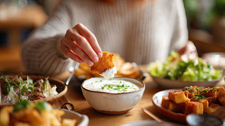 Woman enjoying a tasty chicken nugget, dipping it into creamy ranch sauce, surrounded by side dishes on the tableの素材