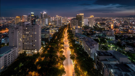 Panoramic aerial view of a nighttime cityscape, showing streetlights lighting up the streets, with skyscrapers casting a golden glow over the cityの素材