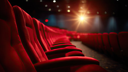 Comfortable red cinema seats in perfect rows, no audience present, screen glowing faintly in the distanceの素材
