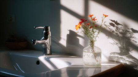 A bathroom sink with a small vase of flowers sitting nearby, softly illuminated by natural light coming through the window, creating a peaceful vibeの素材