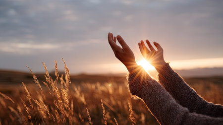 Woman's hands held above a field at sunset, golden sunrays glowing between open fingers and soft skyの素材