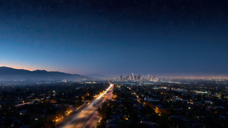 Overhead cityscape view at night, with streetlights outlining the roads and highways, while the city's skyline glows under a starry skyの素材