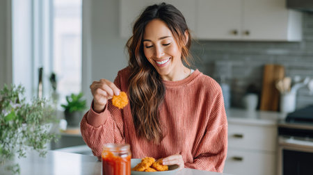 Woman in casual attire dipping a golden chicken nugget into spicy hot sauce, enjoying her meal in a modern kitchenの素材