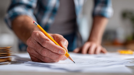 Working man leaning over documents, carefully filling in form fields with a standard yellow pencilの素材
