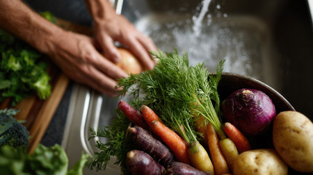 Overhead shot of young man scrubbing dirt off root vegetables in the sink, preparing for a healthy homemade mealの素材