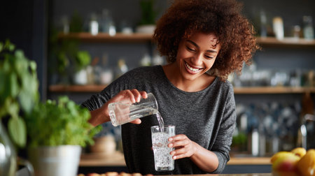 Woman pouring clear, refreshing water into a glass with a smile, set against a well-lit kitchen with simple, modern decorの素材