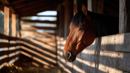 An elegant horse in a weathered wooden stall, looking out curiously as sunlight filters through the barn slatsの素材