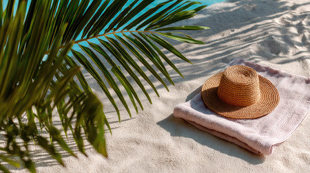 A beach towel and straw hat laid out under a palm tree, tropical paradise vibesの素材