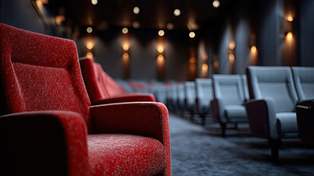 Soft-focus interior of a cinema with no guests, highlighting texture and curves of plush armchairsの素材