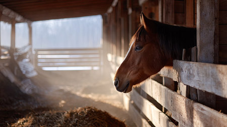 An elegant horse in a weathered wooden stall, looking out curiously as sunlight filters through the barn slatsの素材